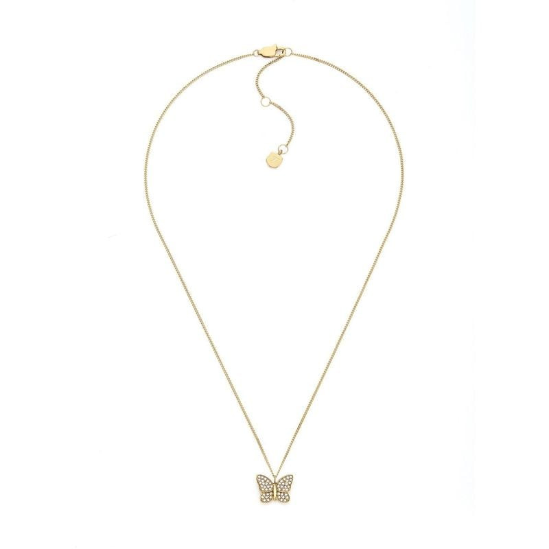 Vue complète du collier Fossil Sutton doré avec pendentif papillon pavé de cristaux et chaîne ajusta