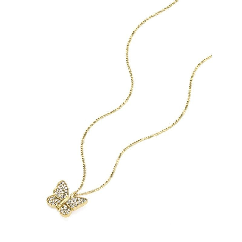 Vue inclinée du pendentif papillon Fossil Sutton doré avec cristaux pavés et chaîne fine