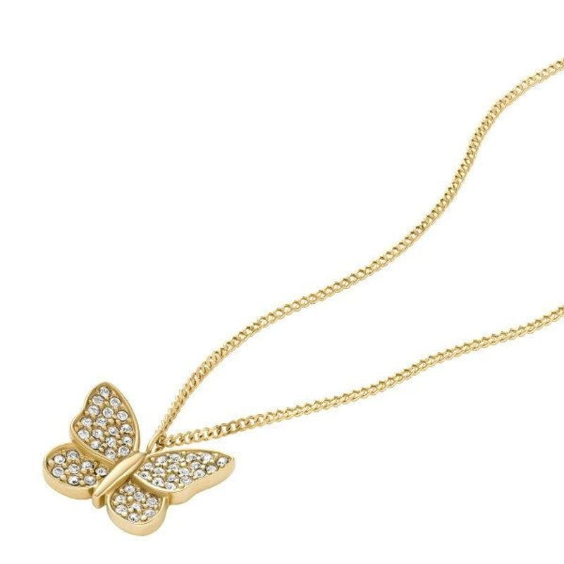 Gros plan du pendentif papillon Fossil Sutton doré serti de cristaux pavés scintillants