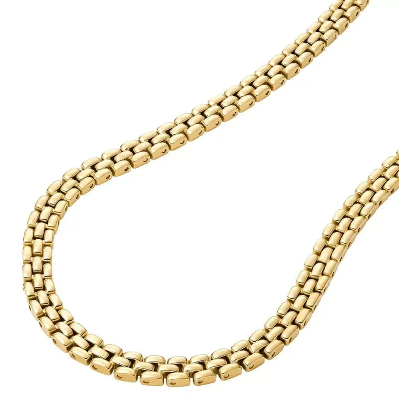 Détail du Collier Fossil Arden Maillons Entrecroisés Acier Doré, maillons entrelacés et finition bri