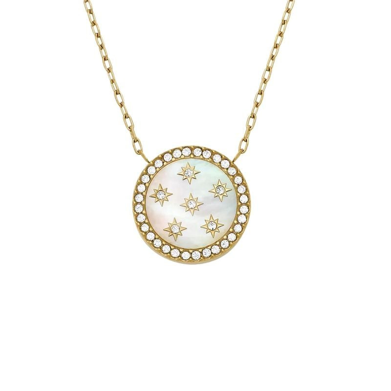 Collier Pendentif Fossil Merrit Northlight en nacre et cristaux, acier doré, packshot sur fond blanc