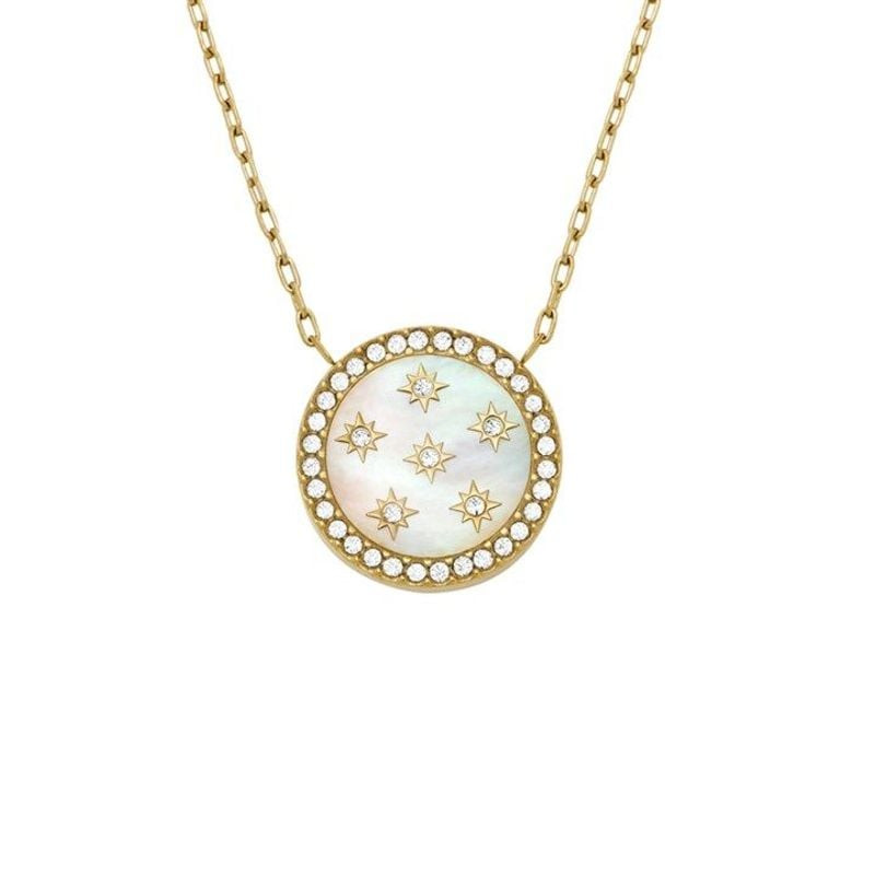 Packshot du Collier Pendentif Fossil Merrit Northlight en nacre, cristaux et acier doré