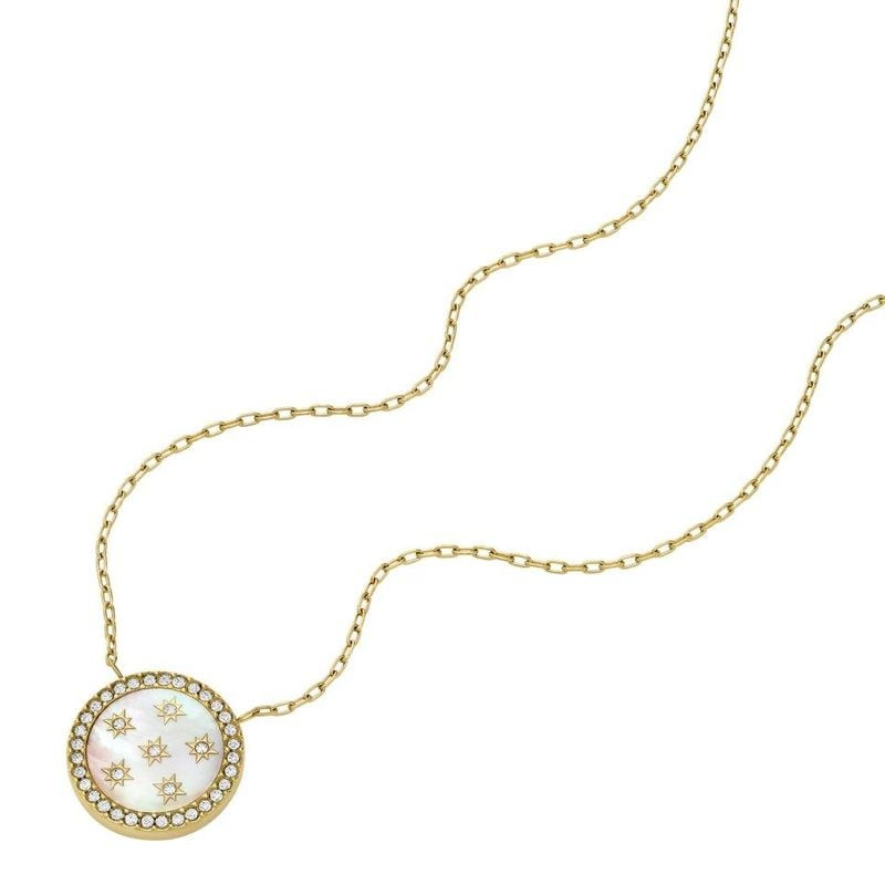 Packshot du Collier Pendentif Fossil Merrit Northlight Nacre Cristaux Acier Doré