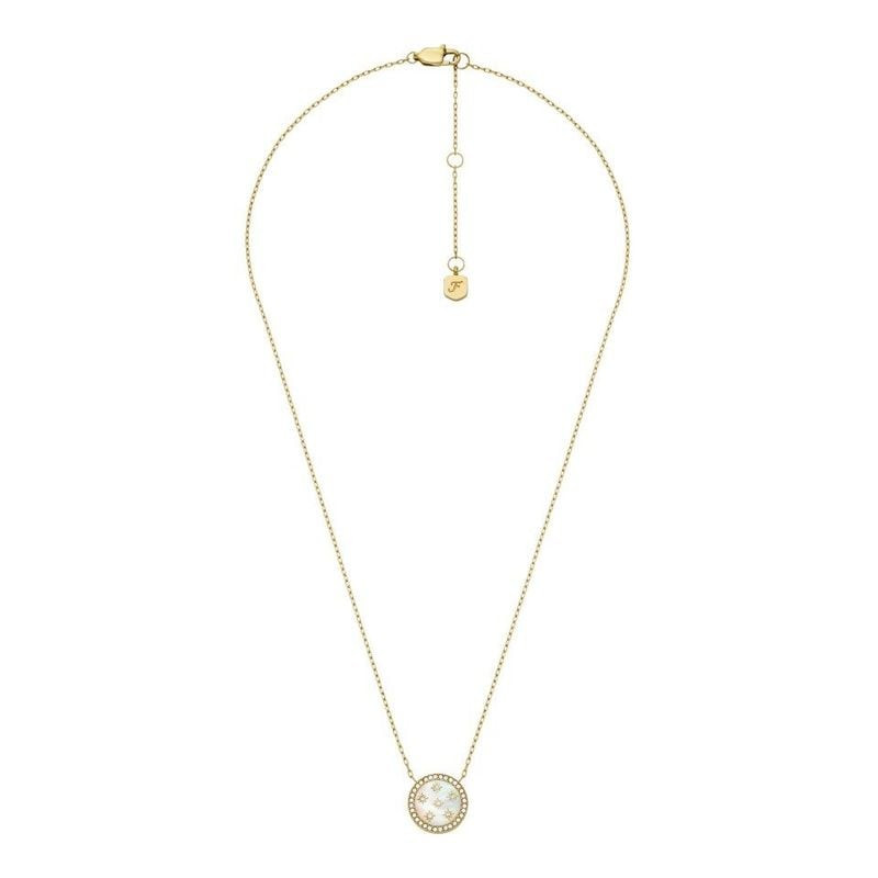 Packshot du Collier Pendentif Fossil Merrit Northlight Nacre Cristaux Acier Doré sur fond neutre.