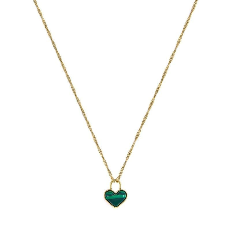 Collier Fossil Modern Meadows Cœur Malachite Acier Doré, pendentif cœur malachite verte, packshot.