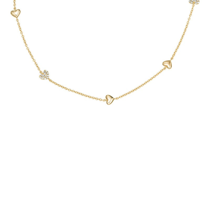 Partie courbée du collier Fossil Sutton avec stations en forme de cœur doré et cœur pavé de cristaux