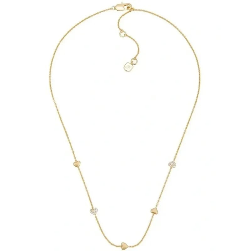 Collier Fossil Sutton laiton doré à stations, posé à plat sur fond blanc, chaîne fine avec stations 