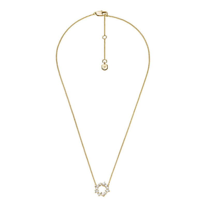 Vue complète du collier Fossil Ellis montrant la fine chaîne dorée, le fermoir homard, l’extension e