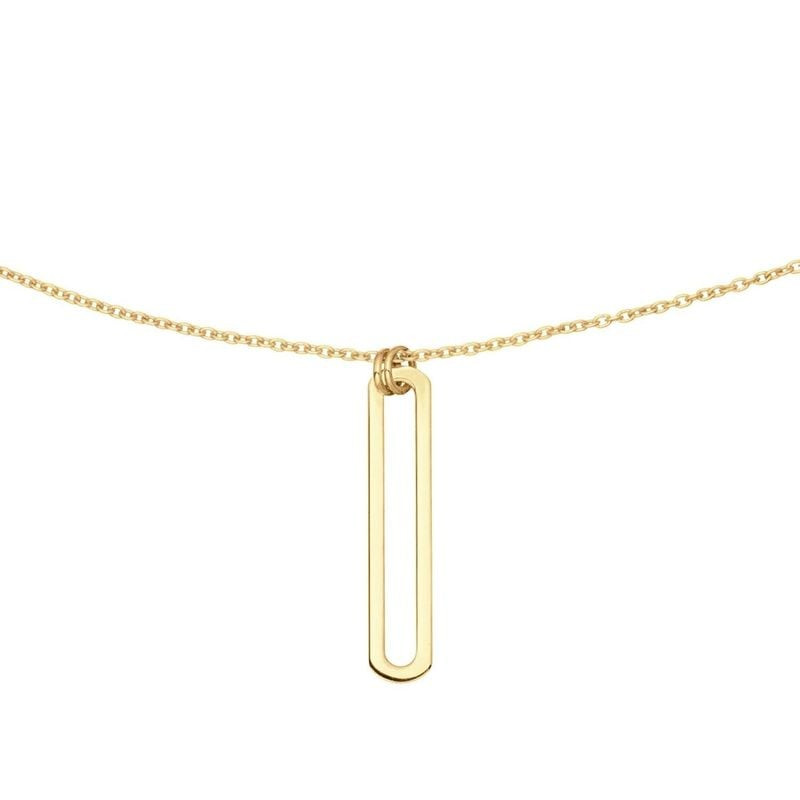 Collier or 14 carats chaîne ancre avec pendentif ajouré oblong poli centré sur fond blanc uni