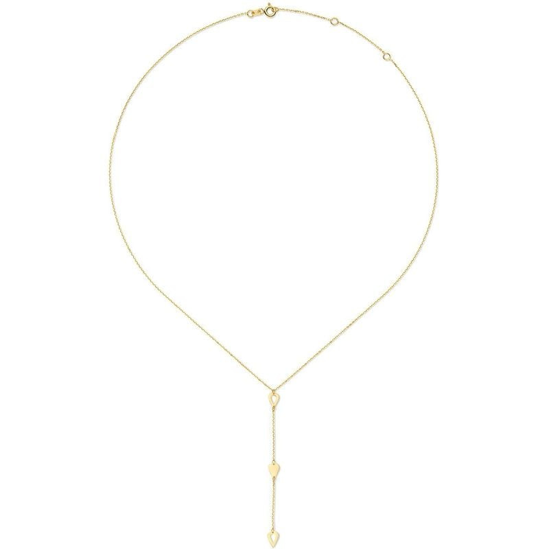 Collier or jaune 14 carats en forme de Y, chaîne fine et motifs goutte, présenté à plat sur fond bla