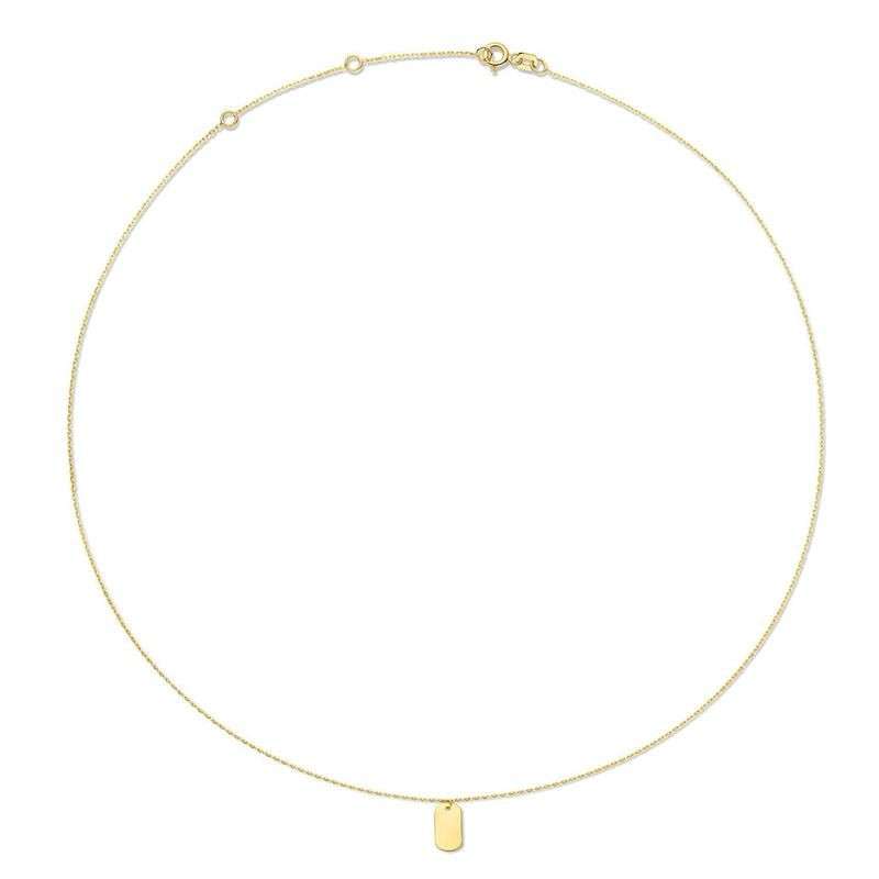 Vue complète du collier minimaliste Jackie Gold 14 carats en or jaune, chaîne fine, anneaux réglable