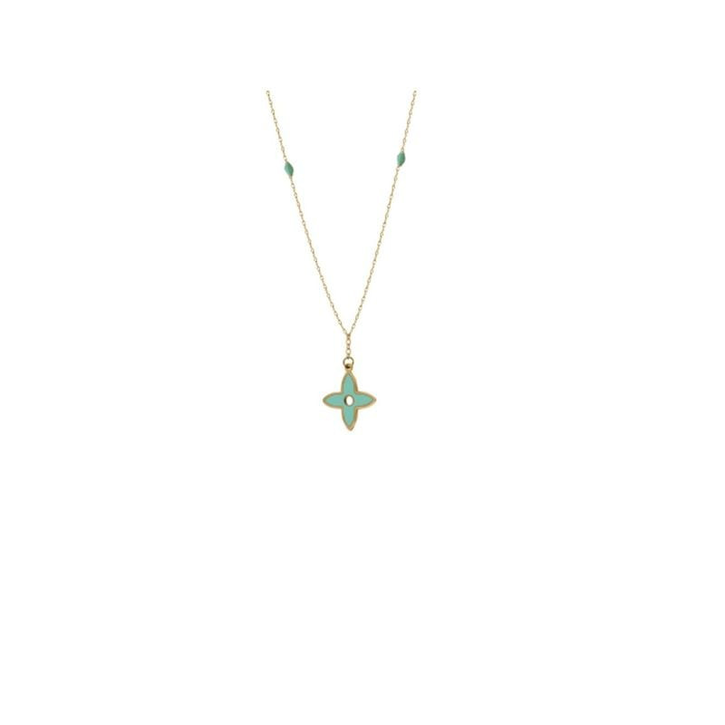 Détail du collier Cookson-CLAL Étinc Fleur 4 Pétales Boules Turquoise Doré en or jaune 18 carats