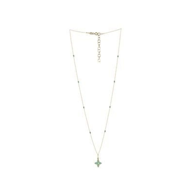 Collier Cookson-CLAL Étinc Fleur 4 Pétales Boules Turquoise Doré en or jaune, packshot sur fond blan
