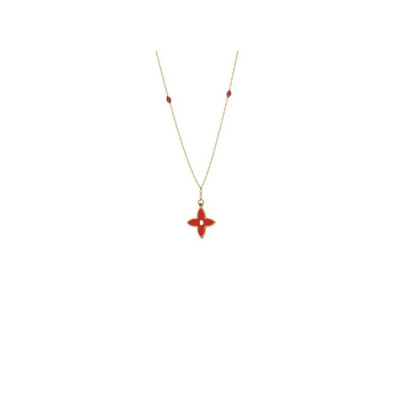 Collier en or jaune avec pendentif fleur 4 pétales émail rouge et petites boules rouges espacées sur