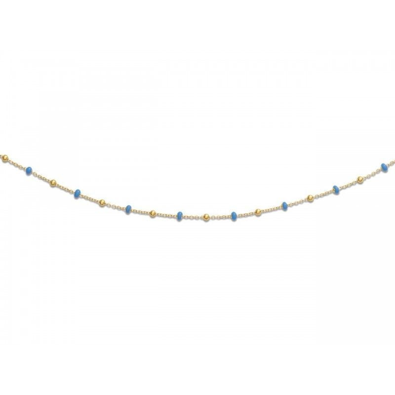 Collier en or jaune 18 carats, boules bleues vernies et petites boules dorées, sur fond blanc.