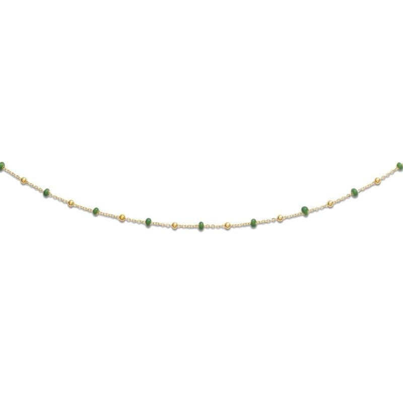 Collier or jaune 18 carats avec billes émaillées vertes et billes d'or poli sur chaîne fine, 45 cm