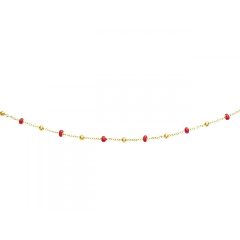 Collier en or jaune 18 carats avec boules rouges laquées et petites boules dorées alternées, 42 cm, 