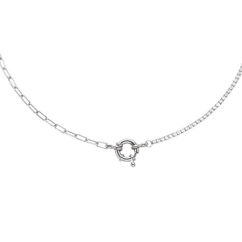 Collier double chaînes en argent 925 rhodié avec rivière de cristaux et rectangle sur fond blanc