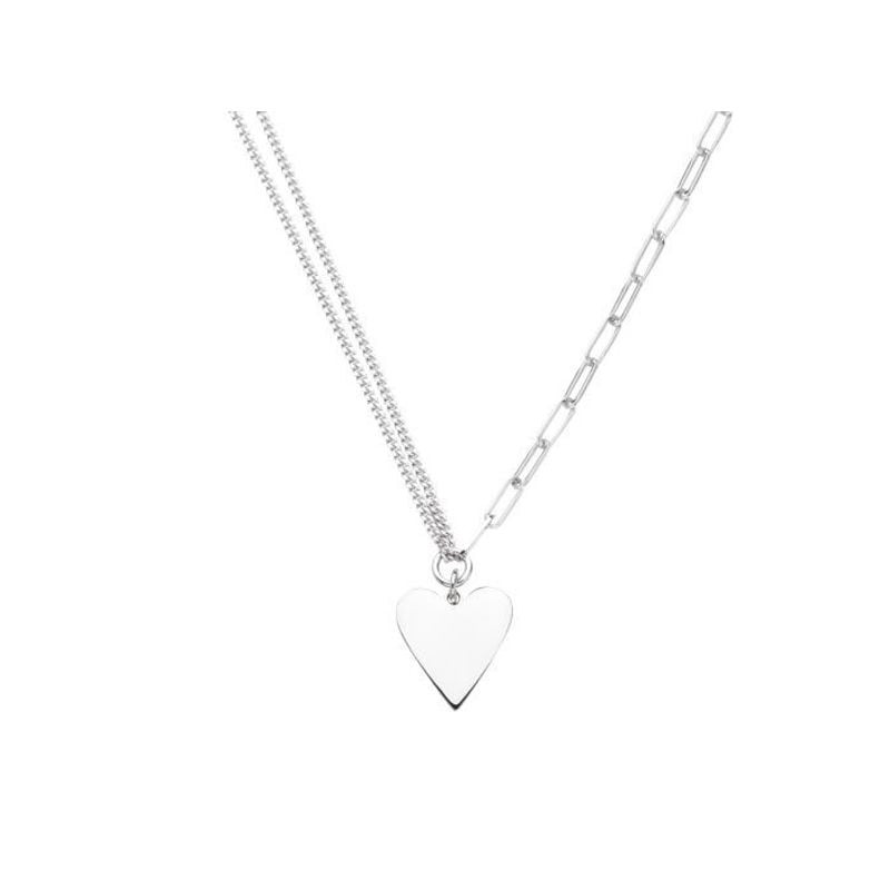 Collier en argent 925 avec pendentif cœur ouvert poli sur double chaîne à maillons gourmette et trom