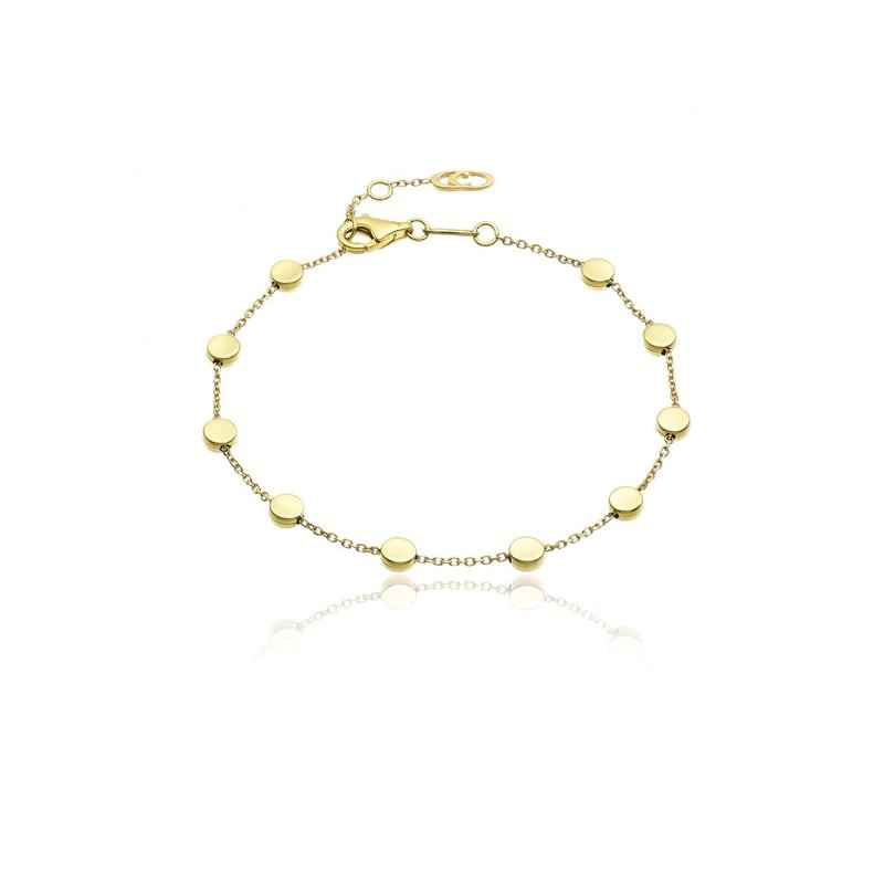 Bracelet femme Chimento Armillas Glow en or jaune 750° avec chaîne fine et disques polis sur fond bl
