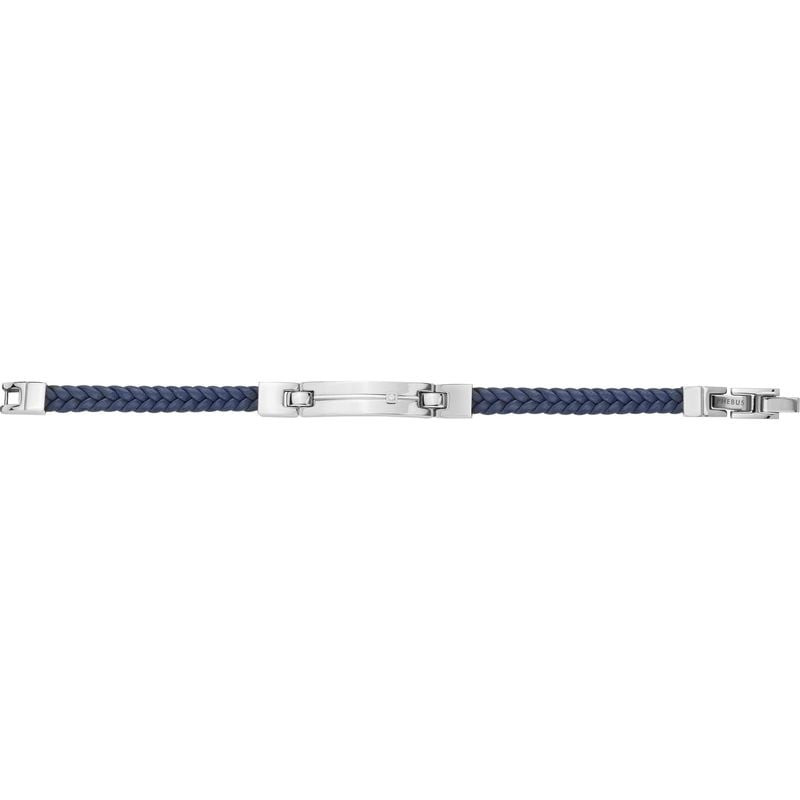 Bracelet homme Phebus en cuir bleu tressé, plaque en acier poli sertie d’un diamant, fermoir sécuris