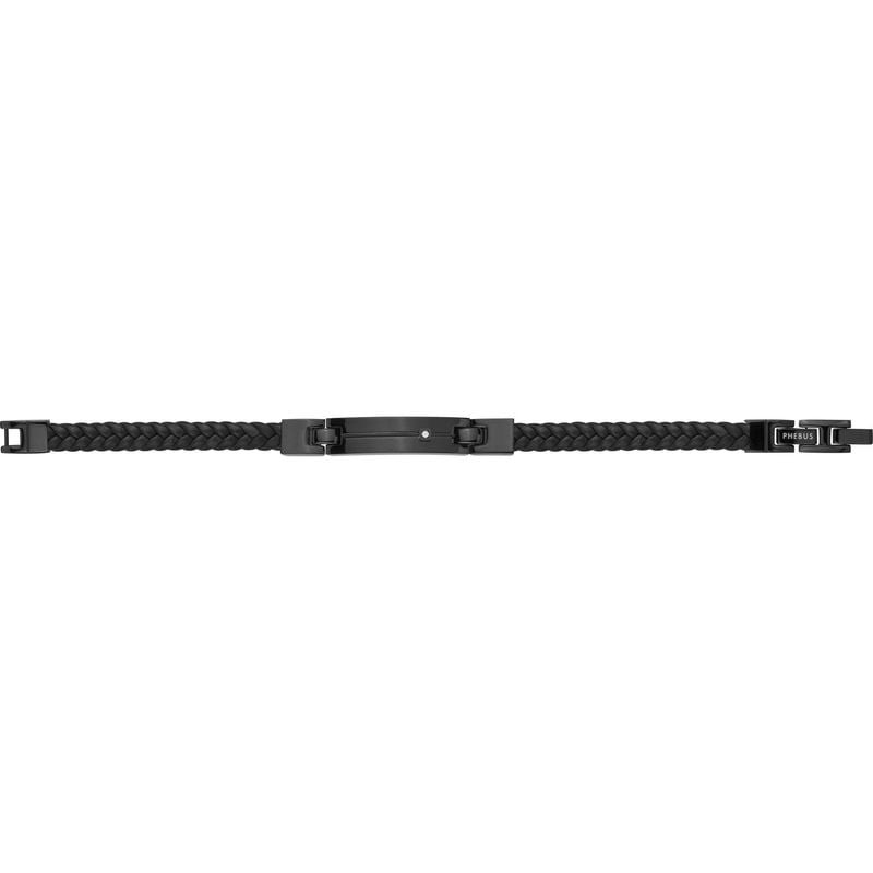 Bracelet Phebus en cuir tressé noir avec plaque en acier noir sertie d’un diamant, présenté à plat s