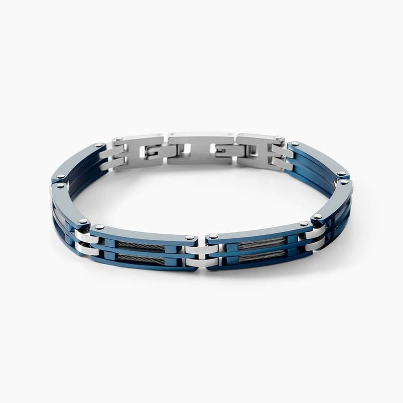 Bracelet homme Jourdan Priam en acier bicolore finition PVD bleu, maillons style câble, posé à plat 