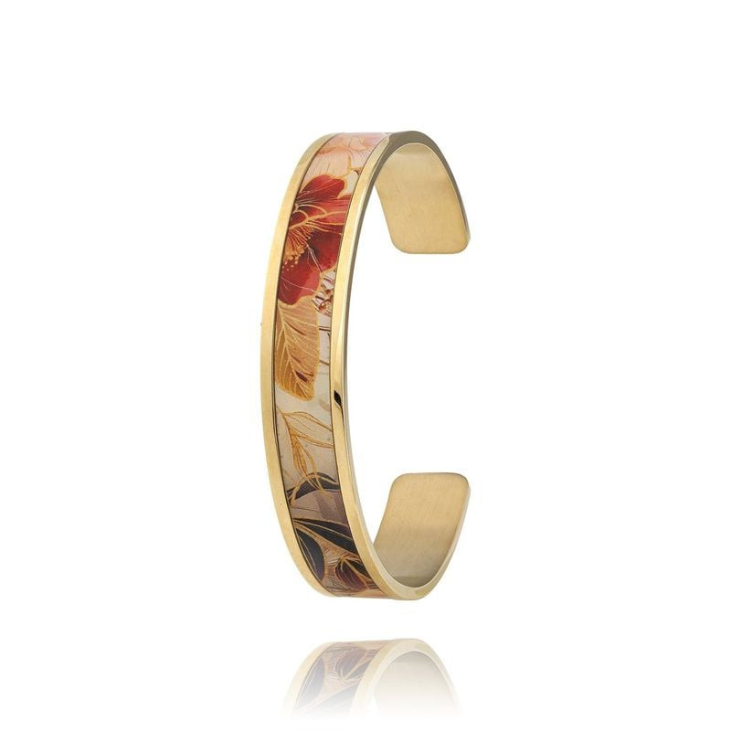 Bracelet manchette ouvert en acier inoxydable doré avec motif floral de capucines rouges et orange v