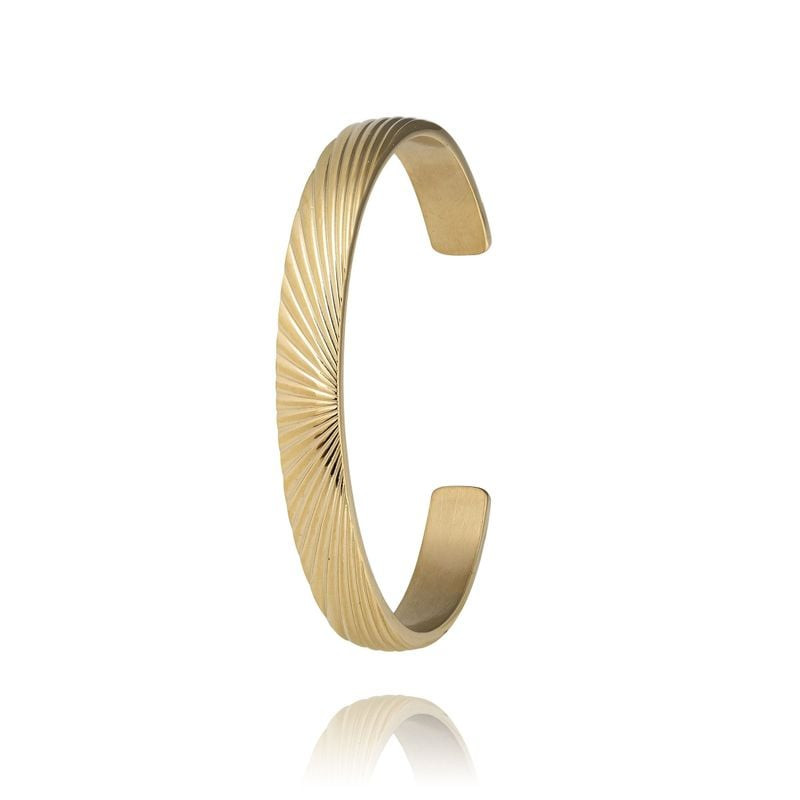 Packshot : Bracelet jonc LOUISE GARDEN Soleil acier doré, motif solaire gravé et finition dorée.