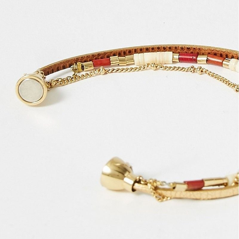 Détail des fermoirs du bracelet Appoline : breloque ronde dorée incrustée de blanc et fermoir boule 
