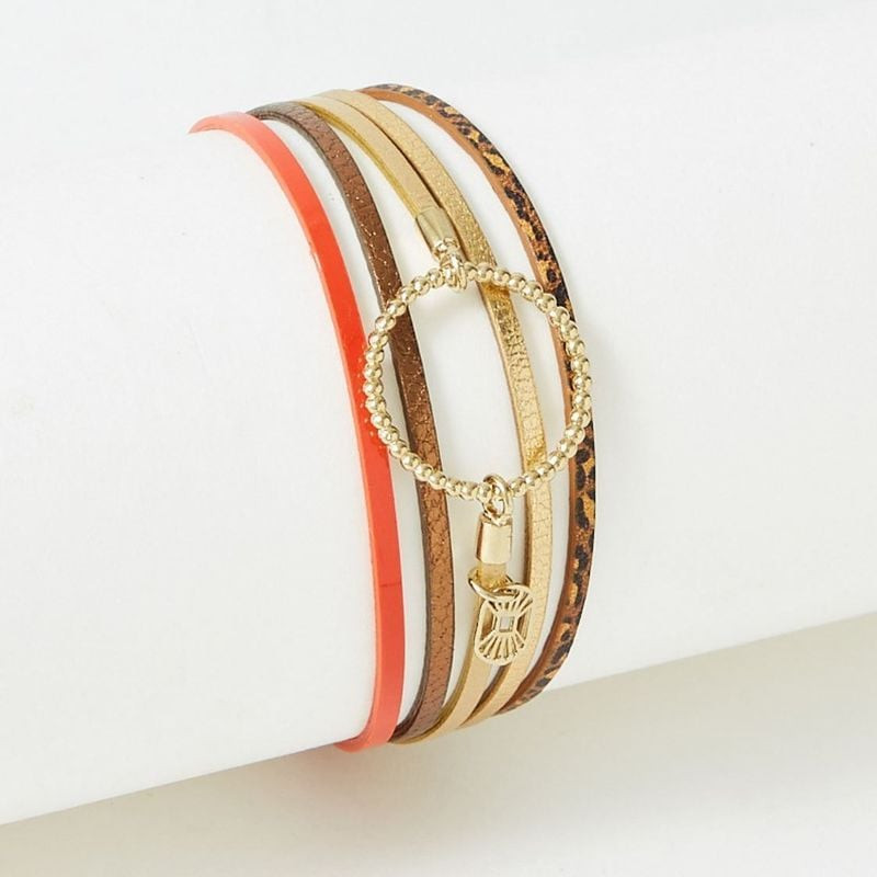 Bracelet multi-rangs Annabelle Wild & Free en cuir imprimé corail, doré et léopard avec chaîne dorée