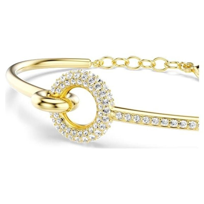 Gros plan du bracelet Swarovski Dextera, motif cercle serti de cristaux pavés et détails en métal do