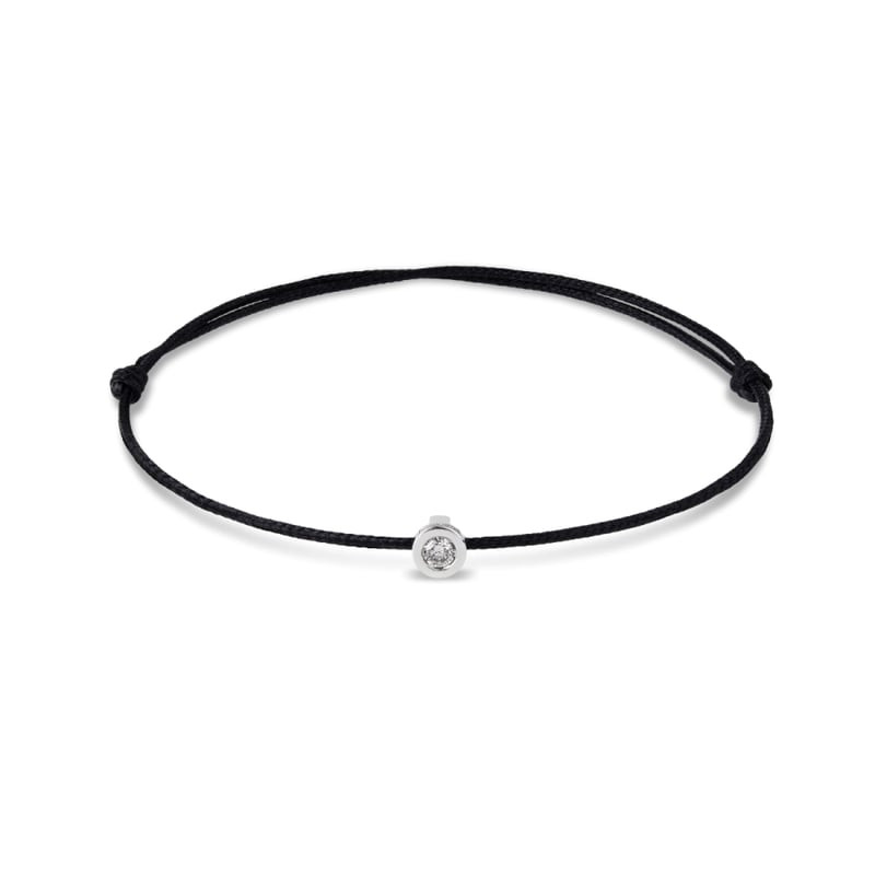 Bracelet cordon noir, motif rond en or blanc 18 carats et diamant serti clos, nœuds coulissants régl