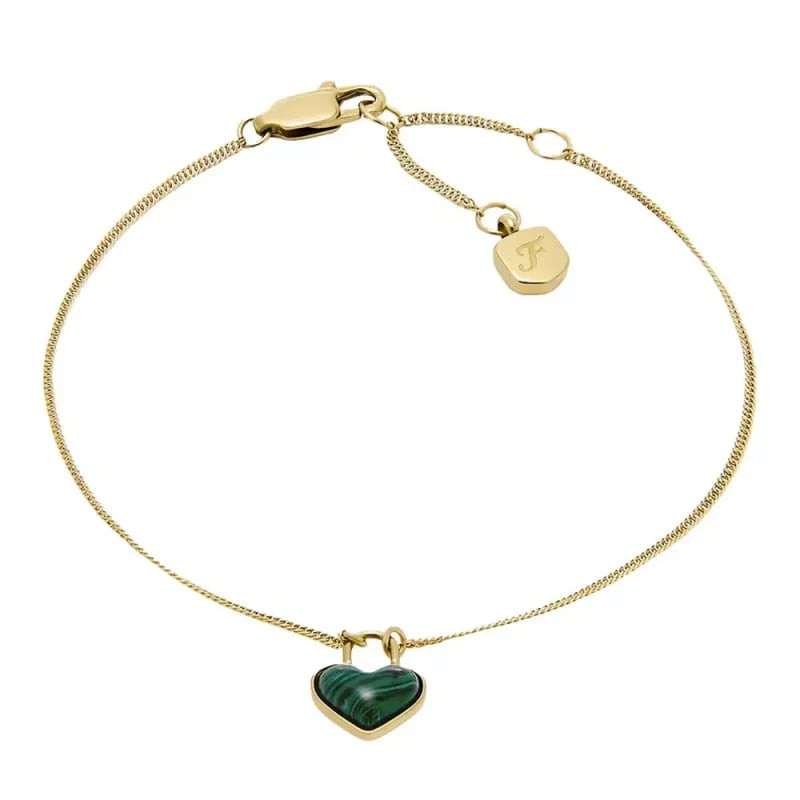 Packshot du bracelet chaîne FOSSIL Modern Meadows en acier doré avec pendentif cœur et malachite ver