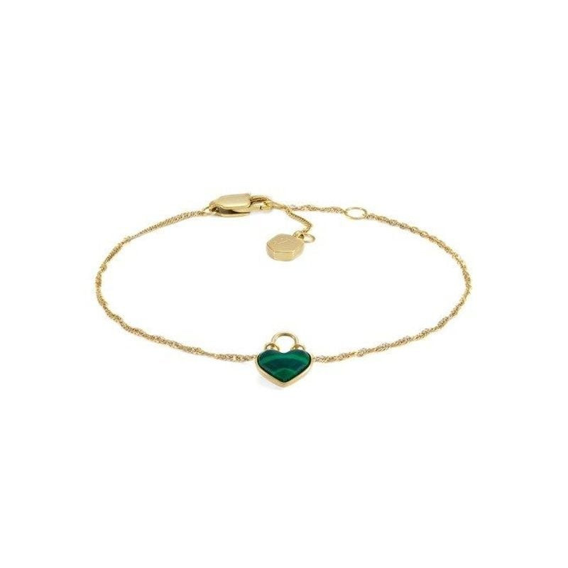 Packshot du Bracelet chaîne FOSSIL Modern Meadows acier doré cœur avec pendentif en malachite verte.