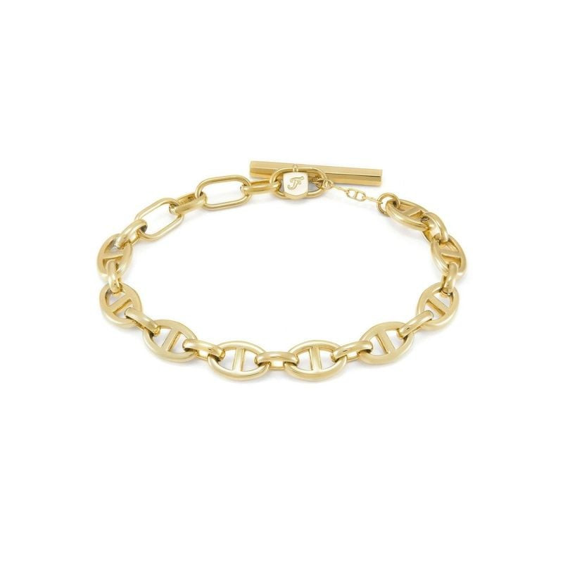 Bracelet Fossil Heritage D-Link doré disposé en cercle montrant fermoir et maillons de chaîne