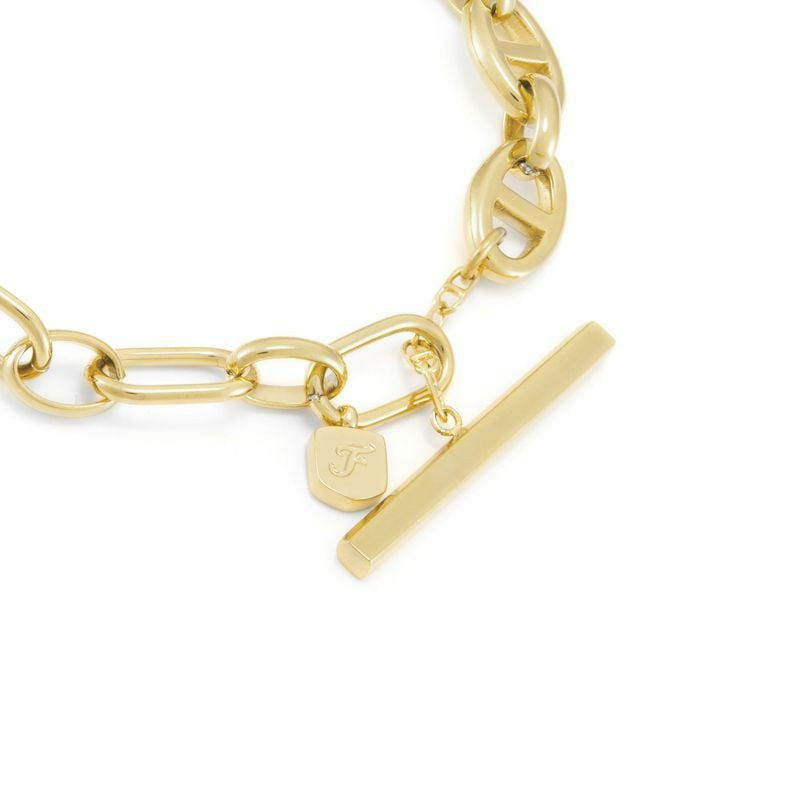 Détail du bracelet chaîne Heritage Fossil en acier doré orné de cristaux, maillons D-Link brillants