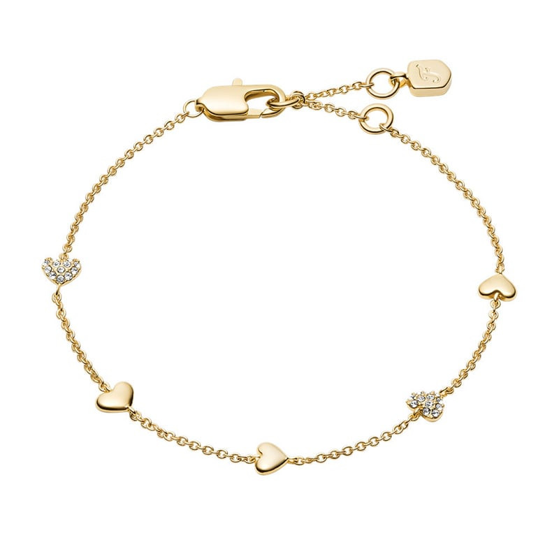 Packshot du Bracelet Heartbeat FOSSIL laiton doré cristaux, bijou femme avec cœurs et cristaux pavés