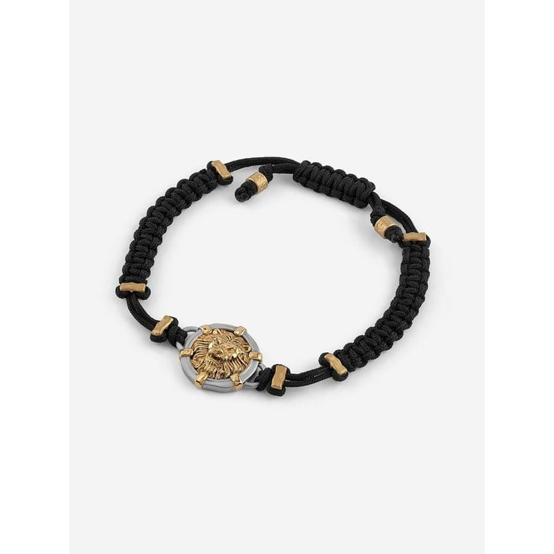 Bracelet homme GUESS Lion Legacy en cordon tressé noir, perles dorées et médaille tête de lion argen