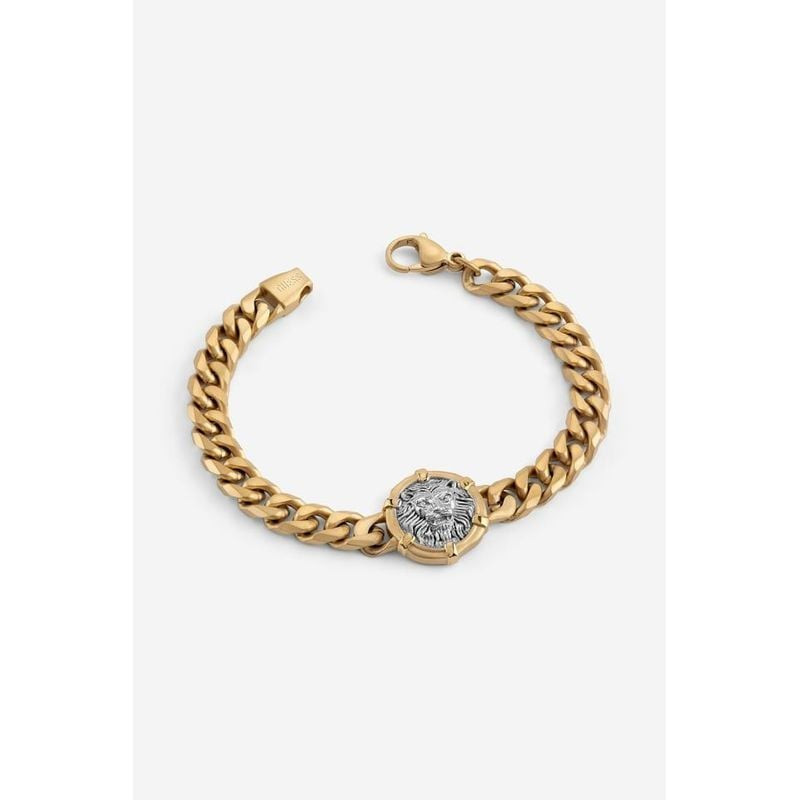 Bracelet GUESS Lion Legacy doré avec chaîne gourmette et médaillon tête de lion argenté sculpté sur 
