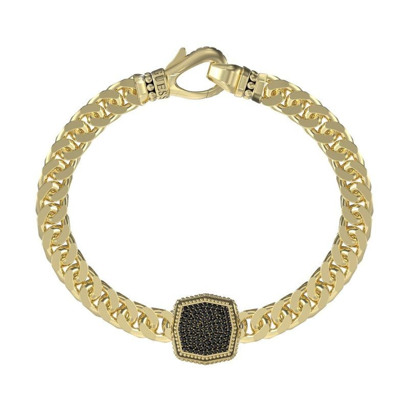 Bracelet gourmette Guess homme en acier doré, détail noir octogonal serti de cristaux et fermoir.