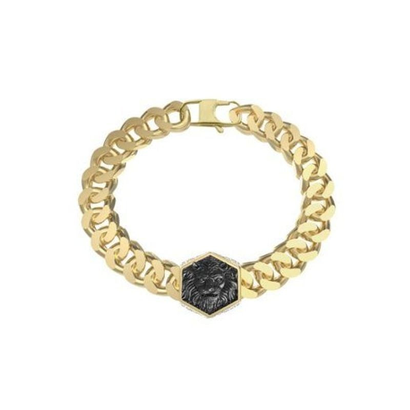Bracelet chaîne gourmette en acier inoxydable doré avec médaillon tête de lion hexagonal noir