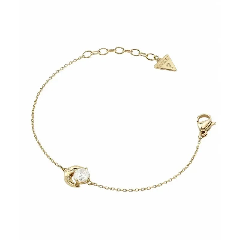 Bracelet chaîne GUESS Aurora en acier doré et zircone, packshot sur fond blanc