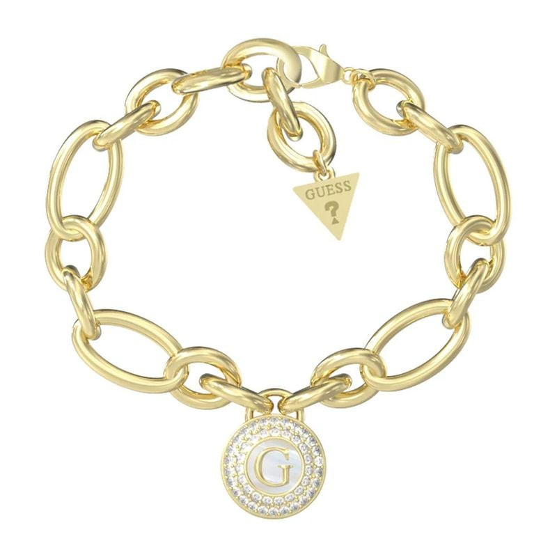 Bracelet GUESS G Talisman doré à maillons ovales, médaillon G rond, halo de cristaux et breloque tri