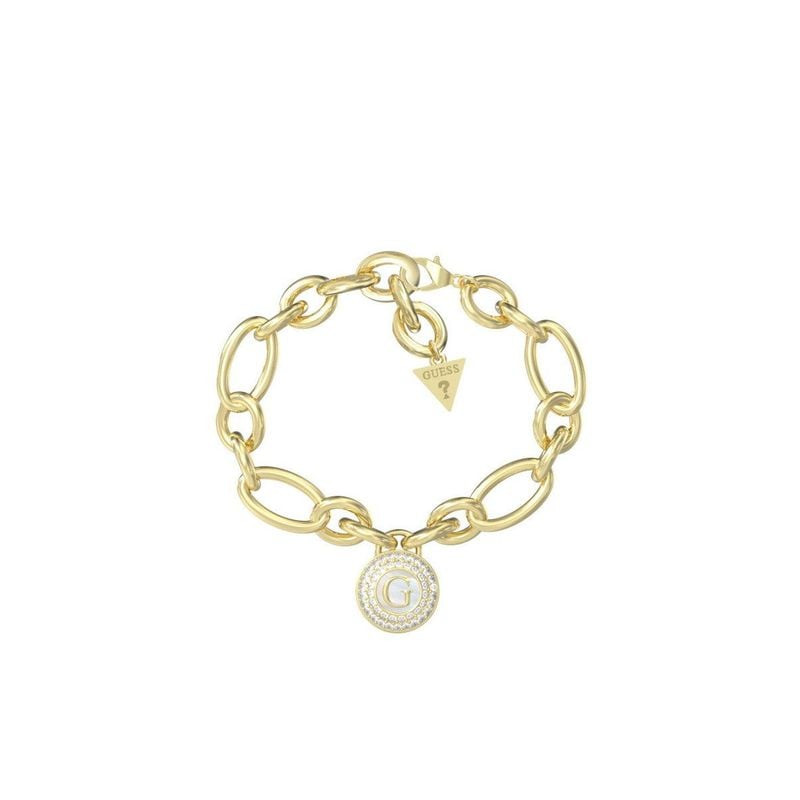 Bracelet GUESS G Talisman doré, chaîne à maillons ovales, médaillon G rond et cristaux scintillants.