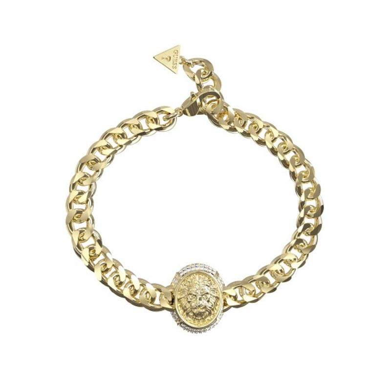 Bracelet GUESS Lioness Queen en acier doré avec chaîne gourmette, médaille tête de lionne sertie de 