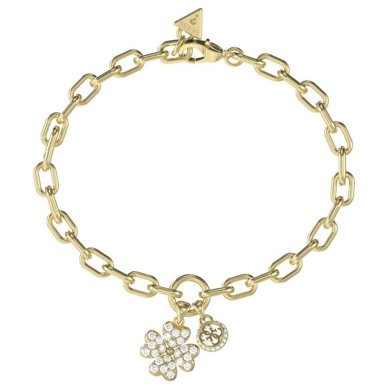 Bracelet Guess Love Bites acier doré, chaîne à maillons ovales, trèfle pavé et breloques logo G, fer