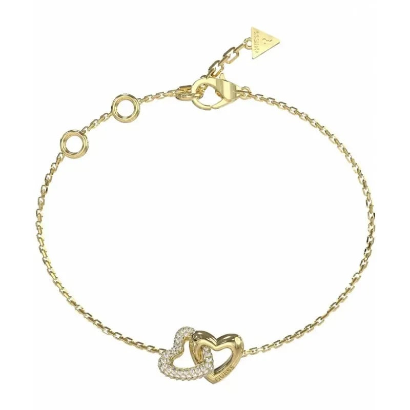 Bracelet Guess Beloved doré avec deux cœurs entrelacés, dont un pavé de cristaux, présenté en packsh