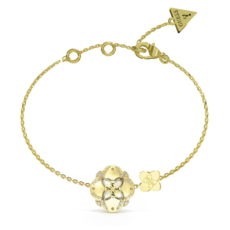 Bracelet chaîne GUESS Wild Flower acier doré cristaux, packshot sur fond blanc
