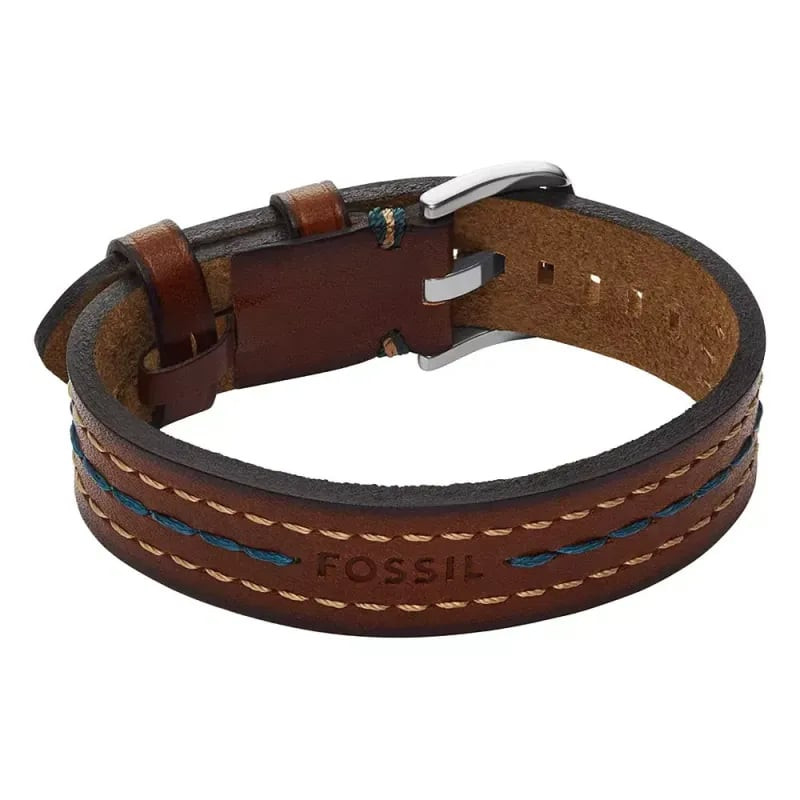 Bracelet cuir marron Fossil Everett argenté, packshot sur fond blanc
